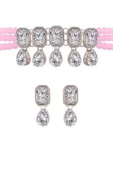 Pink beaded_jewellery Rhodium Alloy   Necklace   with Pair of Earring
