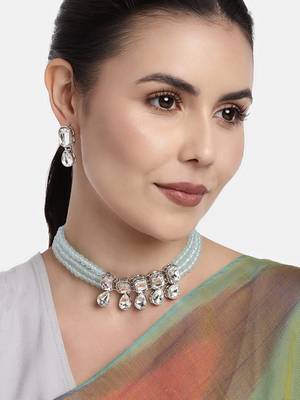 Turquoise beaded_jewellery Rhodium Alloy   Necklace   with Pair of Earring 1