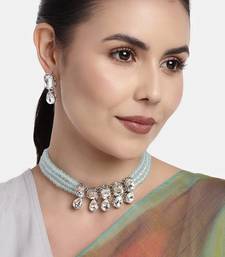 Turquoise beaded_jewellery Rhodium Alloy   Necklace   with Pair of Earring