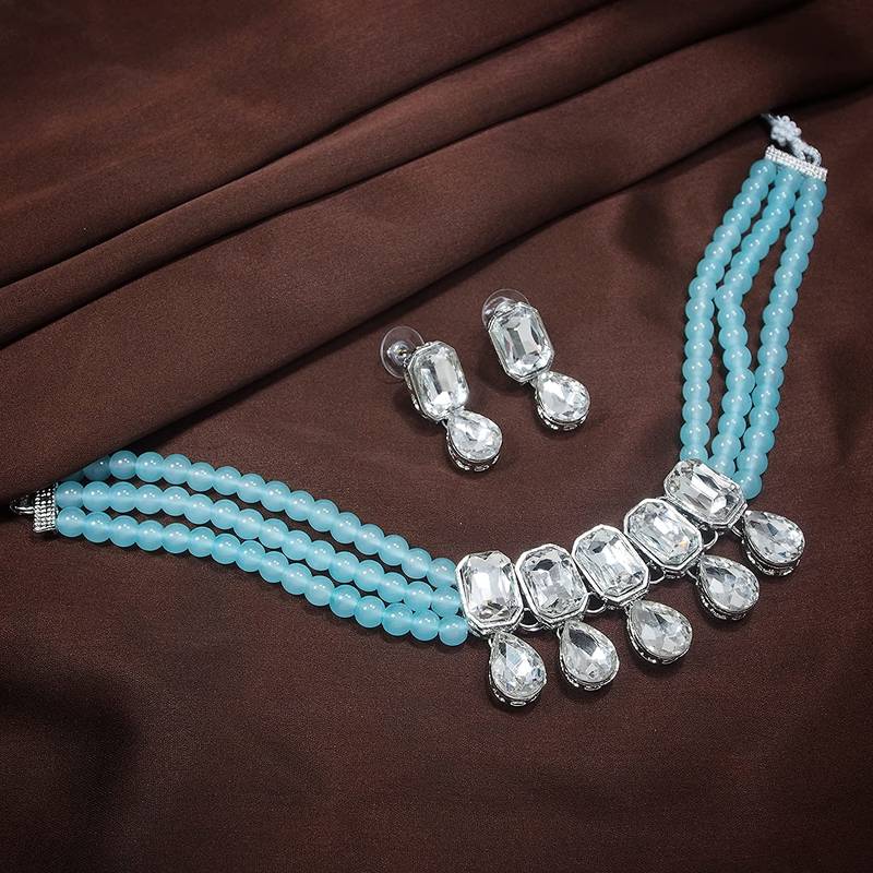 Turquoise beaded_jewellery Rhodium Alloy   Necklace   with Pair of Earring
