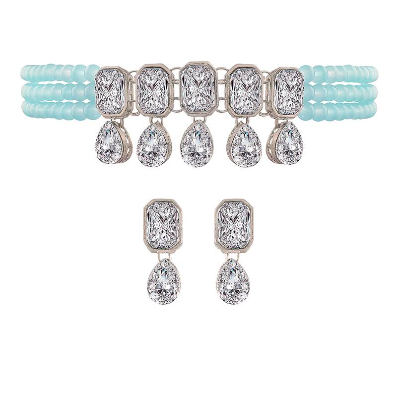 Turquoise beaded_jewellery Rhodium Alloy   Necklace   with Pair of Earring