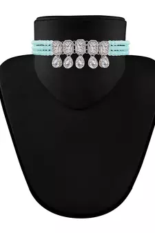 Turquoise beaded_jewellery Rhodium Alloy   Necklace   with Pair of Earring