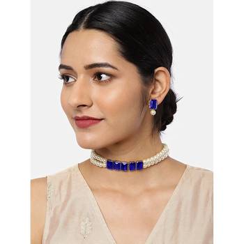 Blue beaded_jewellery Yellow Gold Alloy   Necklace   with Pair of Earring 1