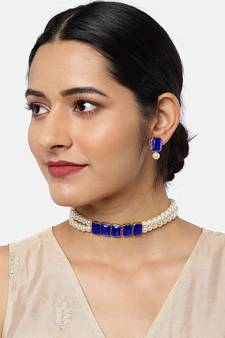 Blue beaded_jewellery Yellow Gold Alloy   Necklace   with Pair of Earring