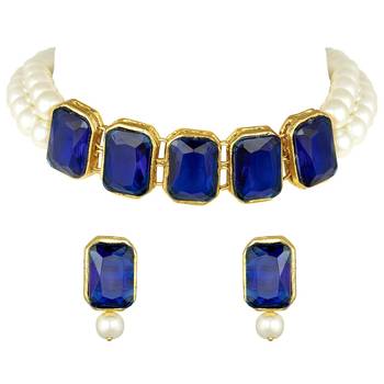 Blue beaded_jewellery Yellow Gold Alloy   Necklace   with Pair of Earring 2