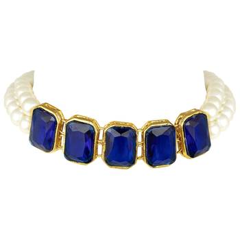 Blue beaded_jewellery Yellow Gold Alloy   Necklace   with Pair of Earring 4
