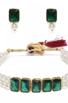 Green beaded_jewellery Yellow Gold Alloy   Necklace   with Pair of Earring