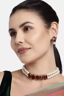 Maroon beaded_jewellery Yellow Gold Alloy   Necklace   with Pair of Earring