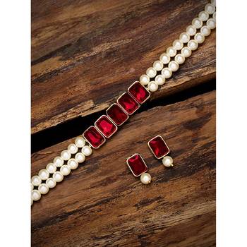Maroon beaded_jewellery Yellow Gold Alloy   Necklace   with Pair of Earring 2