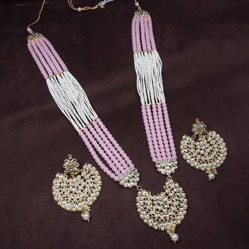 Pink beaded_jewellery Yellow Gold Alloy   Necklace   with Pair of Earring 1