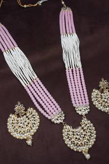 Pink beaded_jewellery Yellow Gold Alloy   Necklace   with Pair of Earring