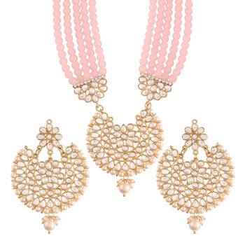 Pink beaded_jewellery Yellow Gold Alloy   Necklace   with Pair of Earring 2