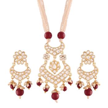 Maroon beaded_jewellery Yellow Gold Alloy   Necklace   with Pair of Earring 2