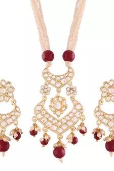 Maroon beaded_jewellery Yellow Gold Alloy   Necklace   with Pair of Earring