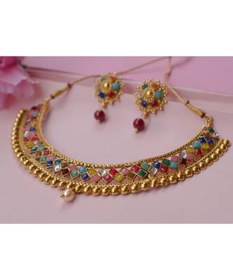 Golden Tone Multicolor Kundan Necklace Set for Women 2