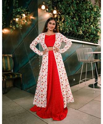 White Red Foil Print Rayon Crop top & Skirt with  Jacket Set 1