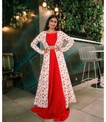 White Red Foil Print Rayon Crop top & Skirt with  Jacket Set