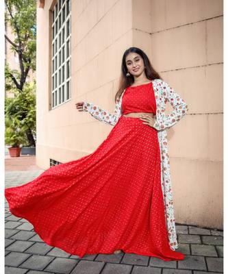 White Red Foil Print Rayon Crop top & Skirt with  Jacket Set 2