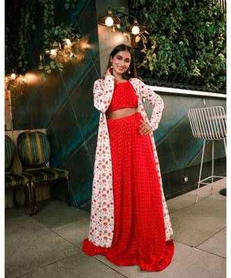 White Red Foil Print Rayon Crop top & Skirt with  Jacket Set 3