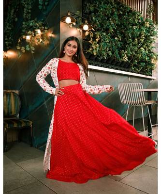 White Red Foil Print Rayon Crop top & Skirt with  Jacket Set 4