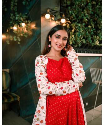 White Red Foil Print Rayon Crop top & Skirt with  Jacket Set 5