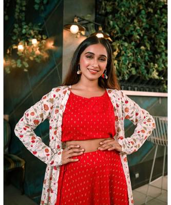 White Red Foil Print Rayon Crop top & Skirt with  Jacket Set 6
