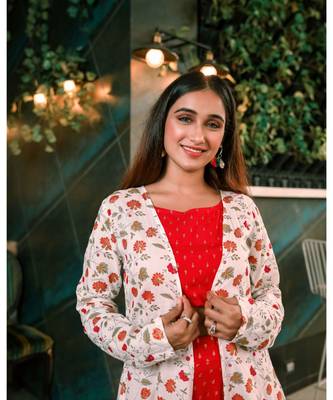 White Red Foil Print Rayon Crop top & Skirt with  Jacket Set 7