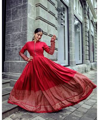 Maroon Foil Print Rayon Fit and Flare Dress 1