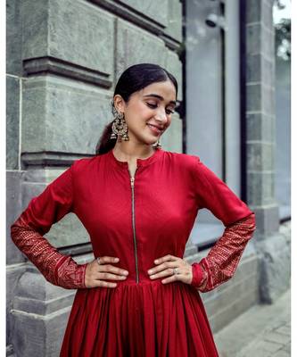 Maroon Foil Print Rayon Fit and Flare Dress 4