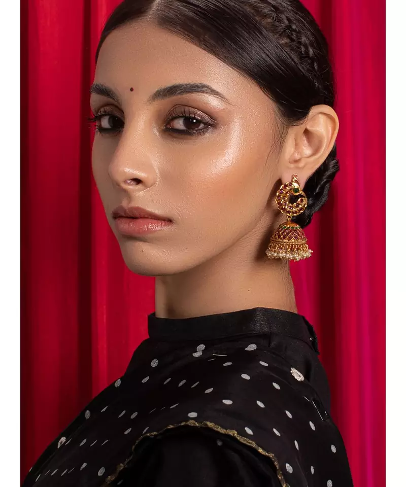 Beautiful Red  Green and Gold Jhumka Earrings