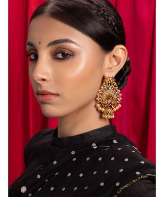 Red Green Gold Tone Temple Earrings With Pearls 1