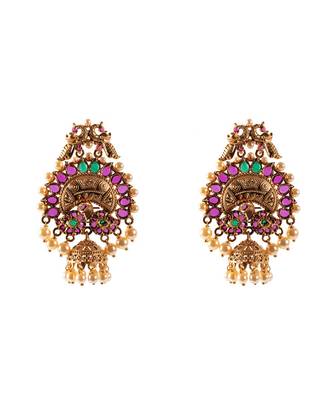 Red Green Gold Tone Temple Earrings With Pearls 2