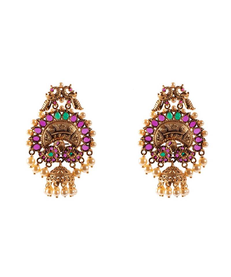 Red Green Gold Tone Temple Earrings With Pearls