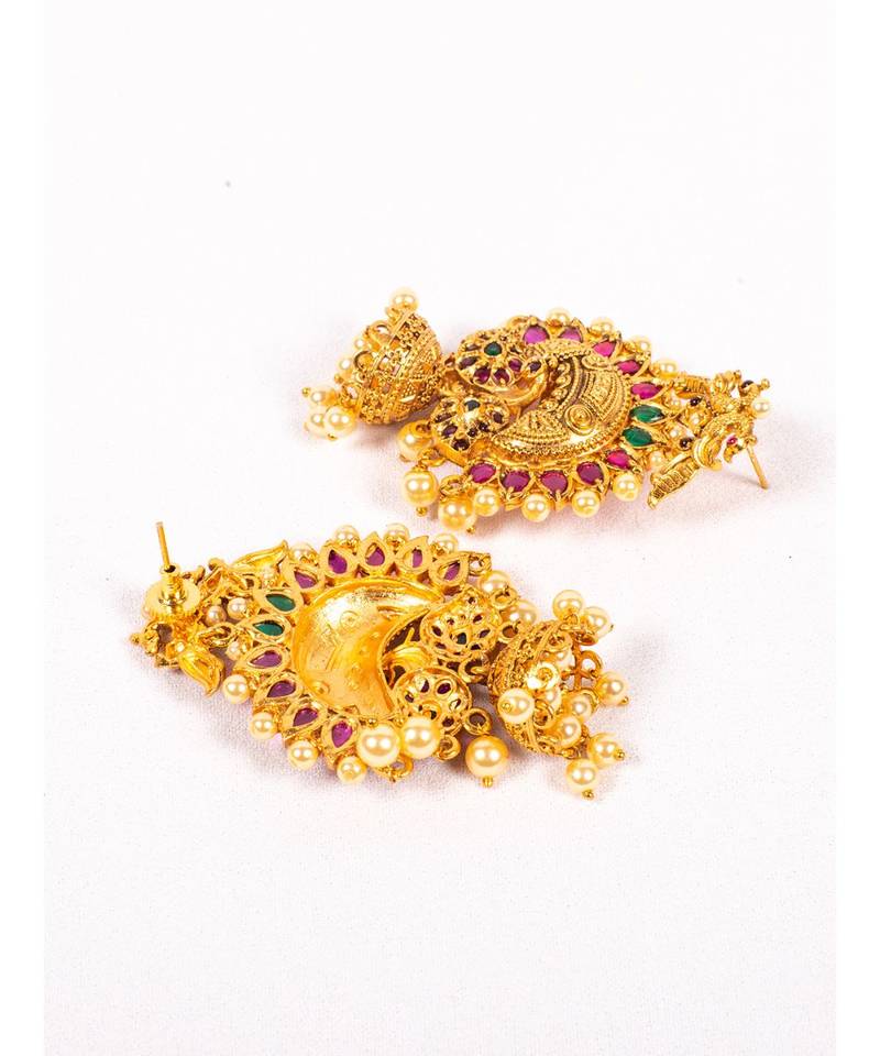 Red Green Gold Tone Temple Earrings With Pearls