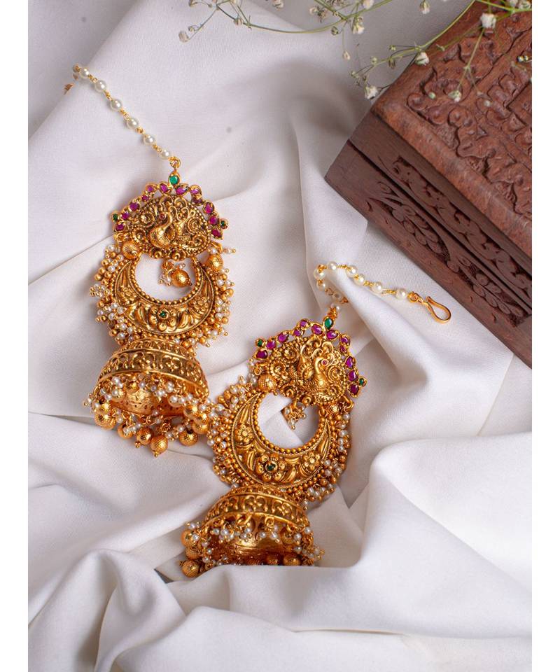 Beautiful Gold  Red and Green Jhumka Earrings