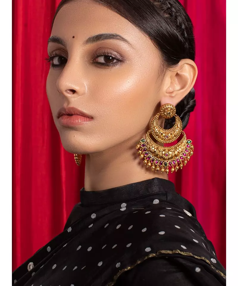 Deluxe Red  Green and Gold Chandbali Earrings