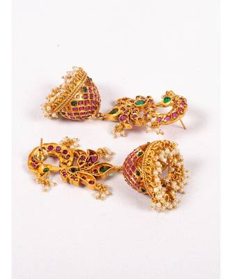Lush Red  Green  and Gold Jhumka Earrings 3