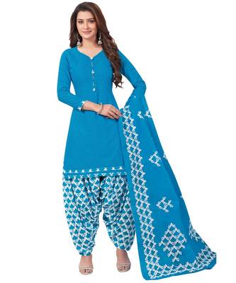 Blue Cotton unstitched quarter sleeve Printed   Top &  Bottom with Dupatta 1