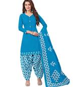 Blue Cotton unstitched quarter sleeve Printed   Top &  Bottom with Dupatta