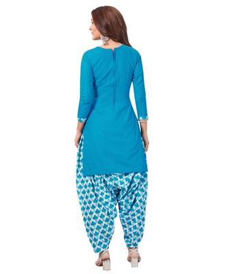 Blue Cotton unstitched quarter sleeve Printed   Top &  Bottom with Dupatta 2