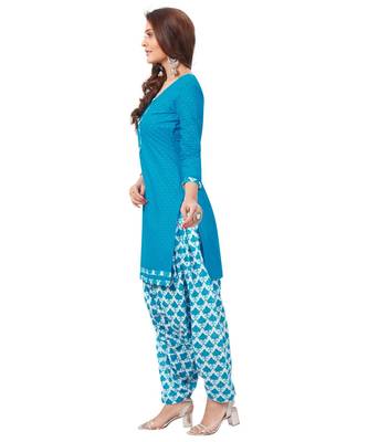 Blue Cotton unstitched quarter sleeve Printed   Top &  Bottom with Dupatta 3