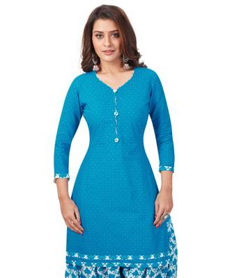 Blue Cotton unstitched quarter sleeve Printed   Top &  Bottom with Dupatta 4