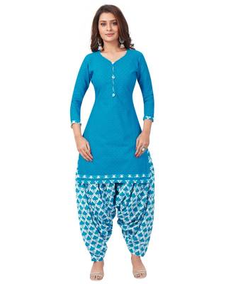 Blue Cotton unstitched quarter sleeve Printed   Top &  Bottom with Dupatta 5