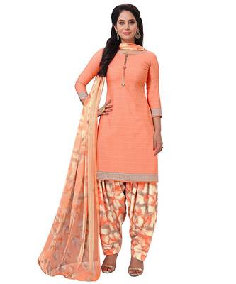 Peach Synthetic unstitched quarter sleeve Printed   Top &  Bottom with Dupatta 1