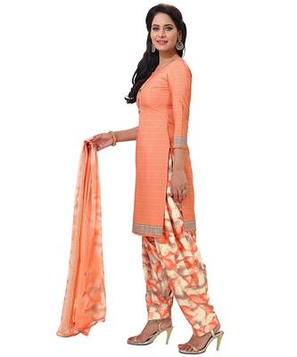 Peach Synthetic unstitched quarter sleeve Printed   Top &  Bottom with Dupatta 3