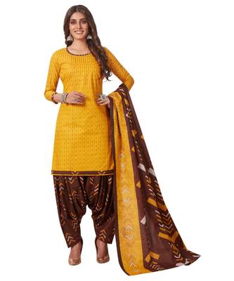 Yellow Cotton unstitched quarter sleeve Printed   Top &  Bottom with Dupatta 1