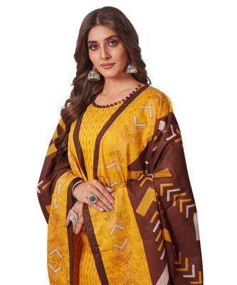 Yellow Cotton unstitched quarter sleeve Printed   Top &  Bottom with Dupatta 4