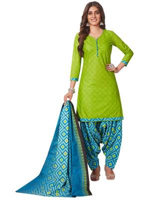 Green Cotton unstitched quarter sleeve Printed   Top &  Bottom with Dupatta 1