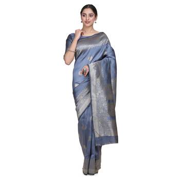 grey Woven silk blend saree with blouse 1