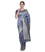 grey Woven silk blend saree with blouse